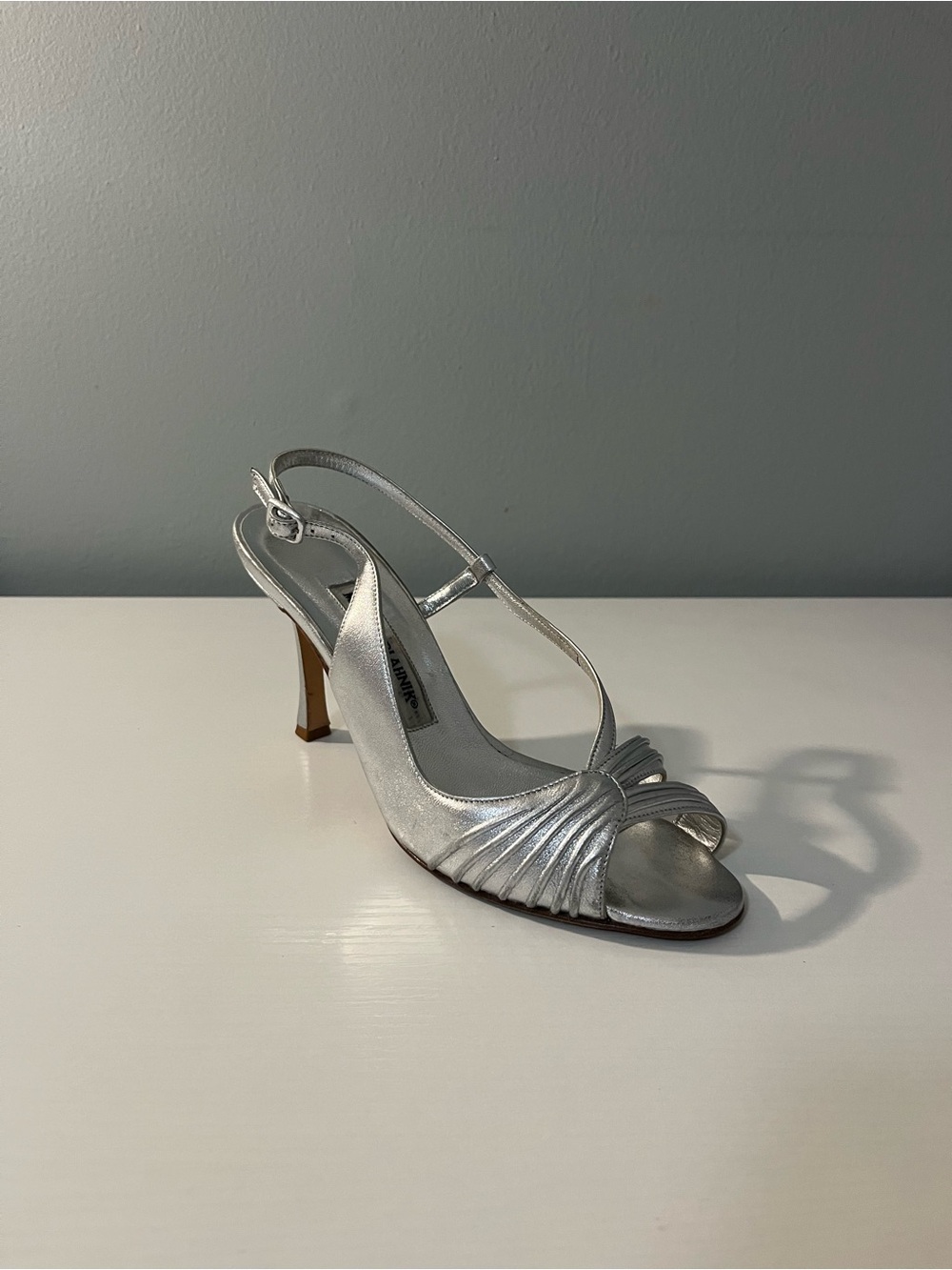 Manolo Blahnik Silver Satin Knot Slingback Heel